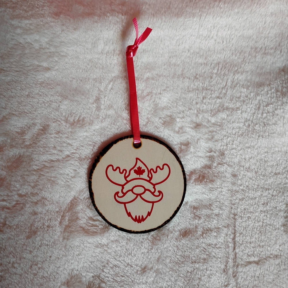Wooden Canadian Gnome Ornament with Red Ribbon